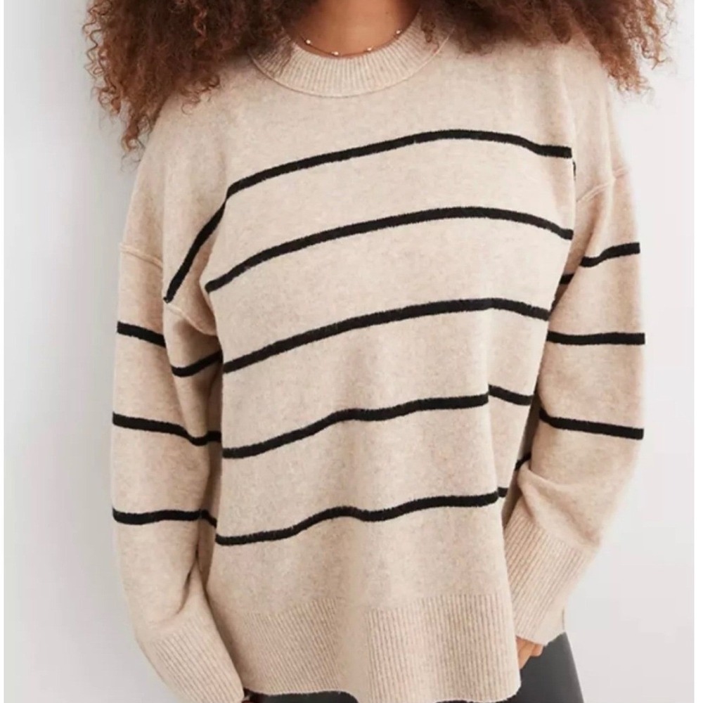 Aerie unREAL Striped Sweater S Tan Black Oversized Crewneck Pullover Cozy Soft